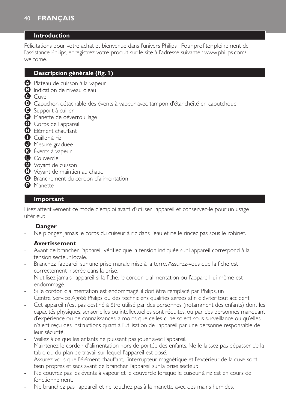 Danger, Avertissement, Français | Introduction, Description générale (fig. 1), Important | Philips Cuiseur à riz User Manual | Page 40 / 84