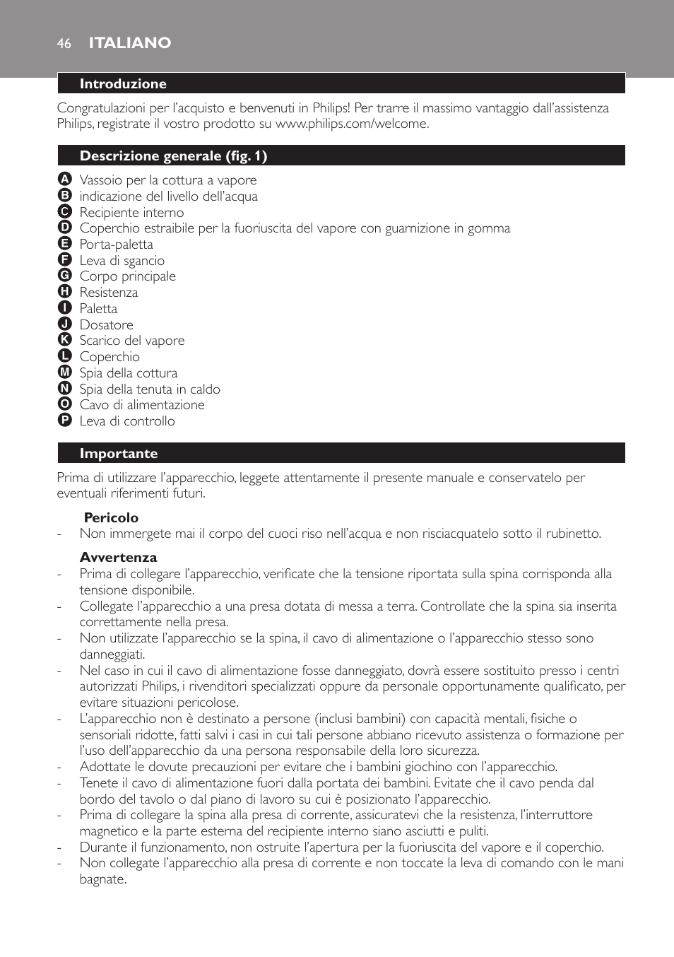 Pericolo, Avvertenza, Italiano | Introduzione, Descrizione generale (fig. 1), Importante | Philips Cuiseur à riz User Manual | Page 46 / 84