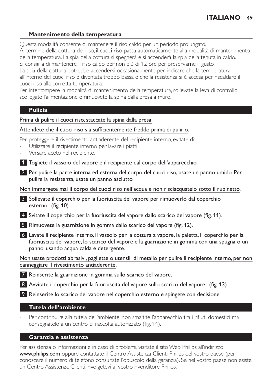 Mantenimento della temperatura, Pulizia, Tutela dell’ambiente | Garanzia e assistenza | Philips Cuiseur à riz User Manual | Page 49 / 84