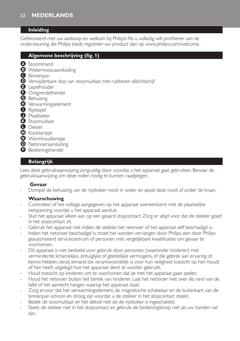 Gevaar, Waarschuwing, Nederlands | Inleiding, Algemene beschrijving (fig. 1), Belangrijk | Philips Cuiseur à riz User Manual | Page 52 / 84