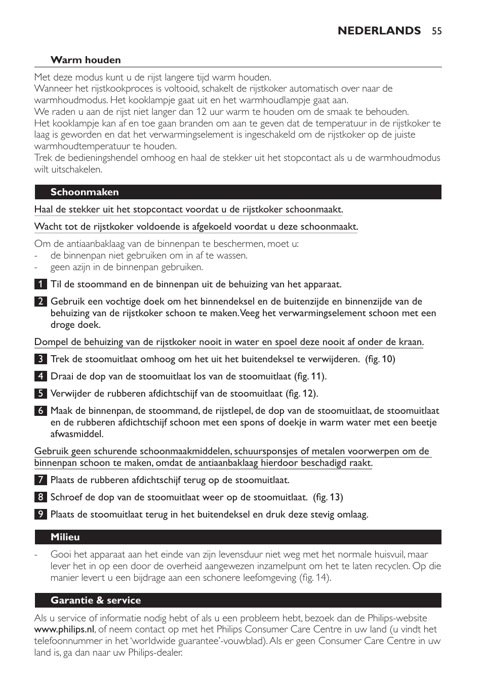 Warm houden, Schoonmaken, Milieu | Garantie & service | Philips Cuiseur à riz User Manual | Page 55 / 84