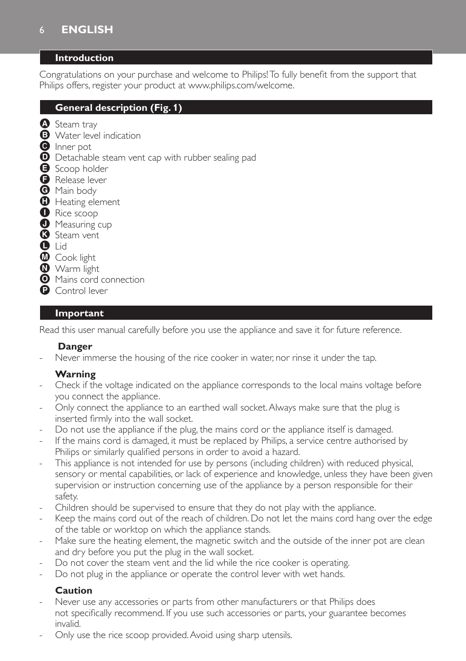 English, Introduction, General description (fig. 1) | Important, Danger, Warning, Caution | Philips Cuiseur à riz User Manual | Page 6 / 84