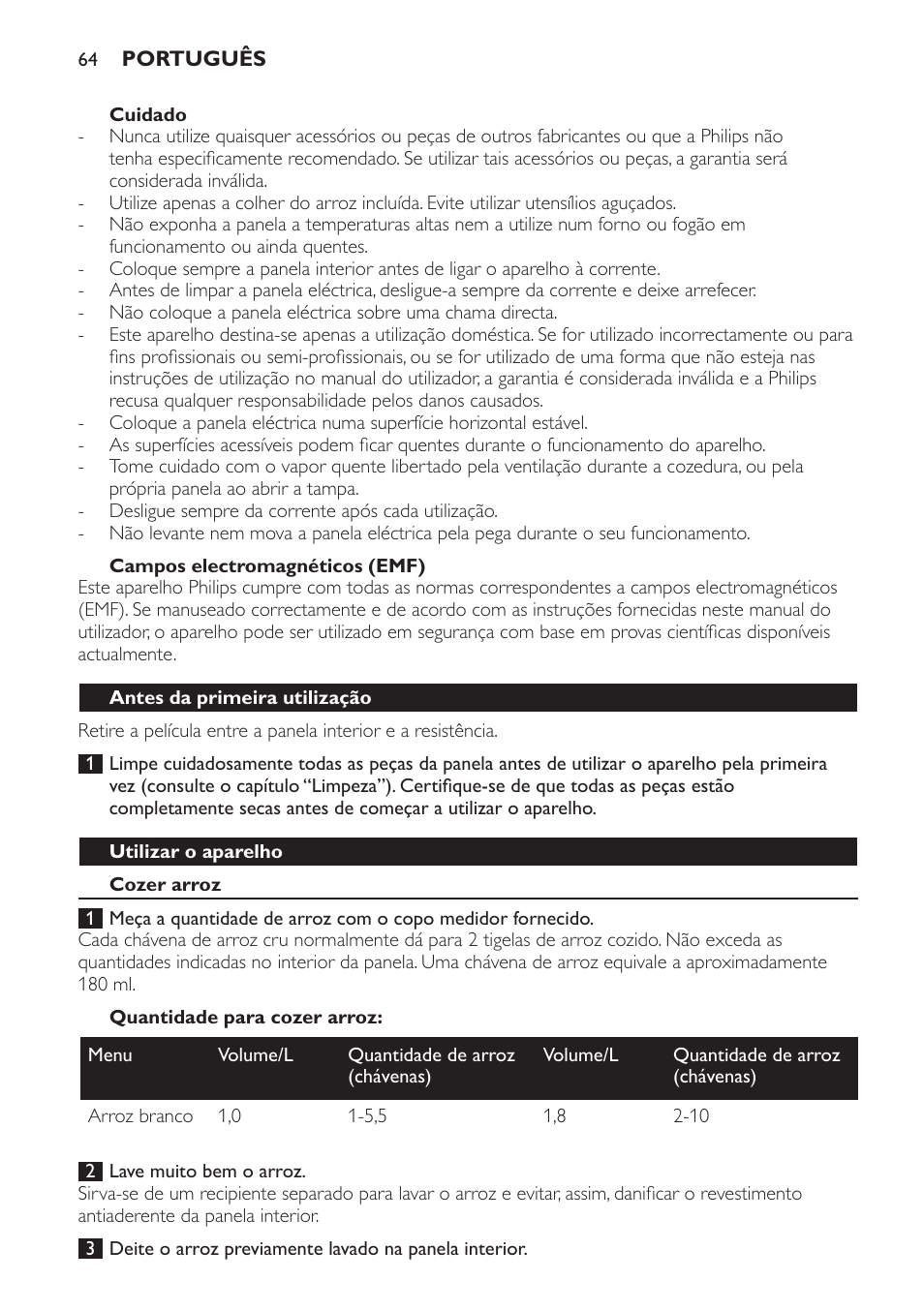 Cuidado, Campos electromagnéticos (emf), Antes da primeira utilização | Utilizar o aparelho, Cozer arroz, Quantidade para cozer arroz | Philips Cuiseur à riz User Manual | Page 64 / 84