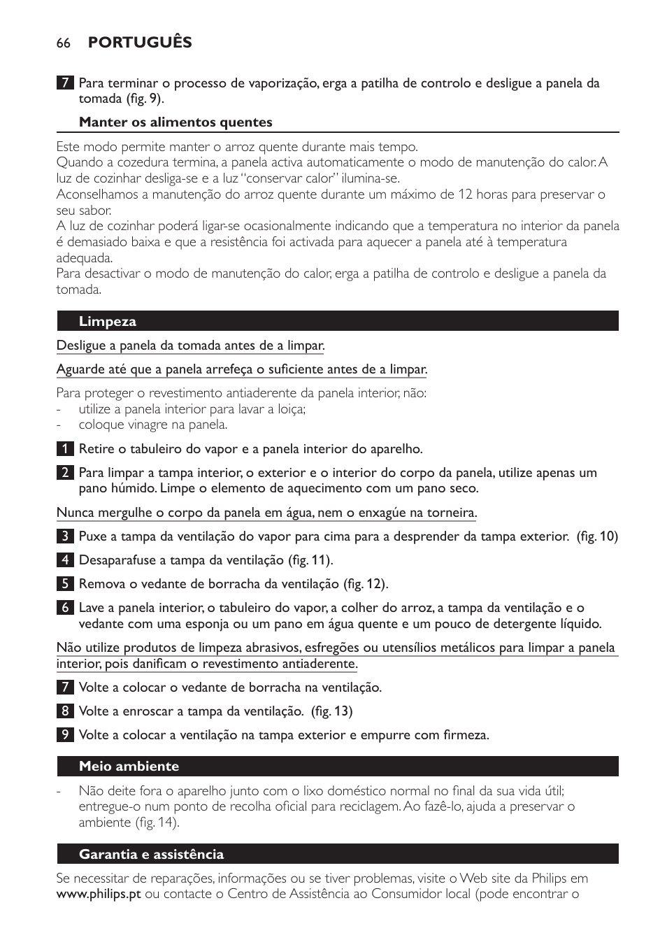 Manter os alimentos quentes, Limpeza, Meio ambiente | Garantia e assistência | Philips Cuiseur à riz User Manual | Page 66 / 84