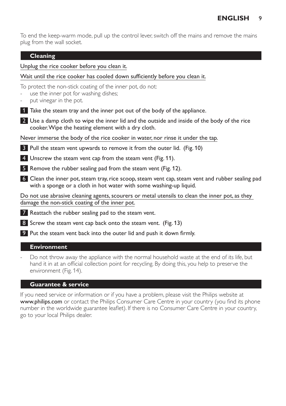 Cleaning, Environment, Guarantee & service | Troubleshooting | Philips Cuiseur à riz User Manual | Page 9 / 84