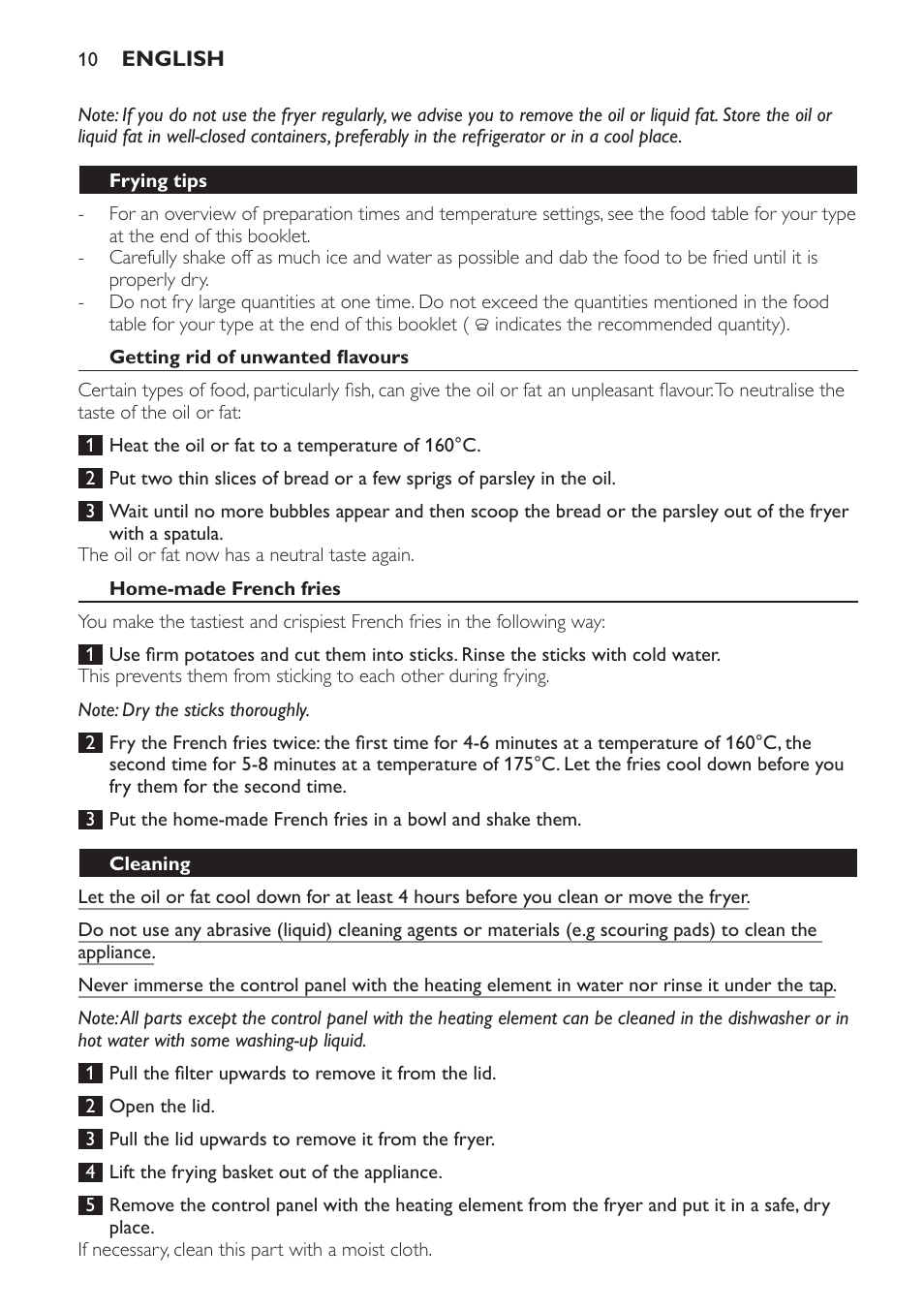 Frying tips, Getting rid of unwanted flavours, Home-made french fries | Cleaning | Philips Friteuse User Manual | Page 10 / 44