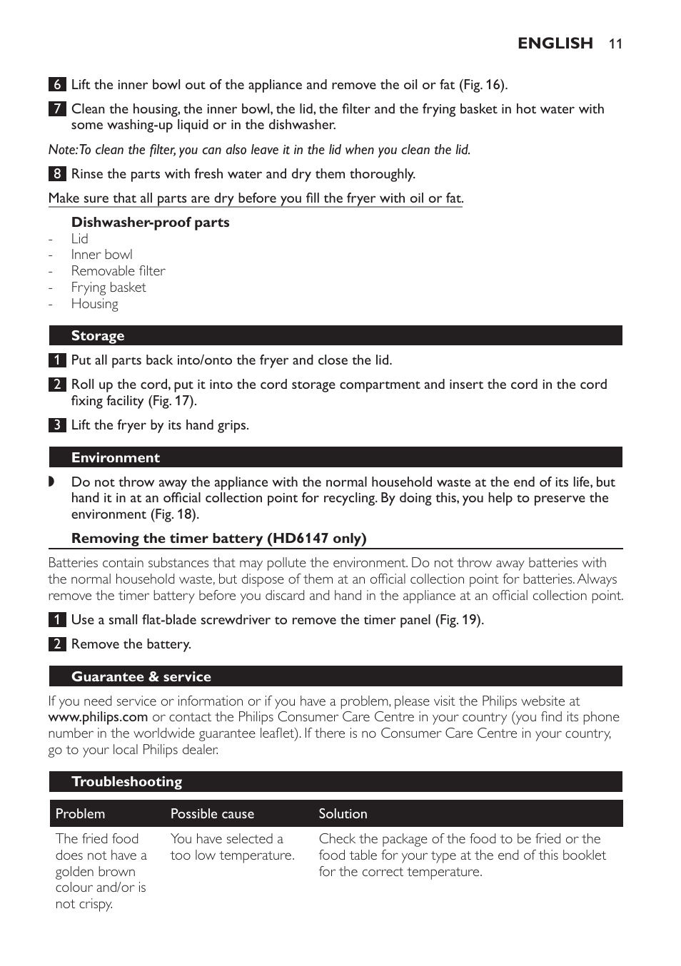 Dishwasher-proof parts, Storage, Environment | Removing the timer battery (hd6147 only), Guarantee & service, Troubleshooting | Philips Friteuse User Manual | Page 11 / 44