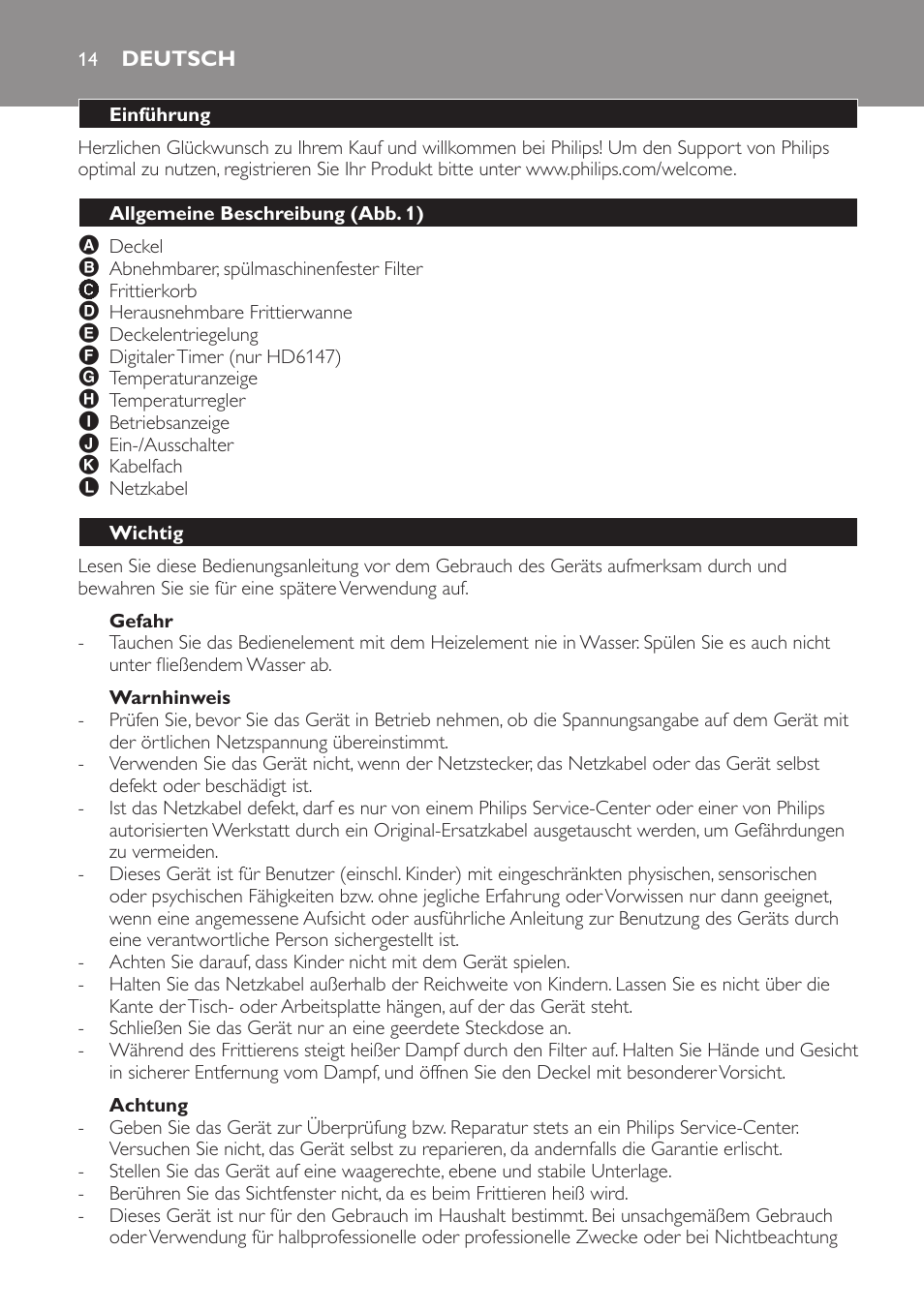 Gefahr, Warnhinweis, Achtung | Deutsch, Einführung, Allgemeine beschreibung (abb. 1), Wichtig | Philips Friteuse User Manual | Page 14 / 44