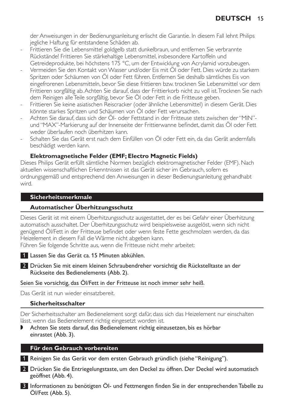 Sicherheitsmerkmale, Automatischer überhitzungsschutz, Sicherheitsschalter | Für den gebrauch vorbereiten | Philips Friteuse User Manual | Page 15 / 44