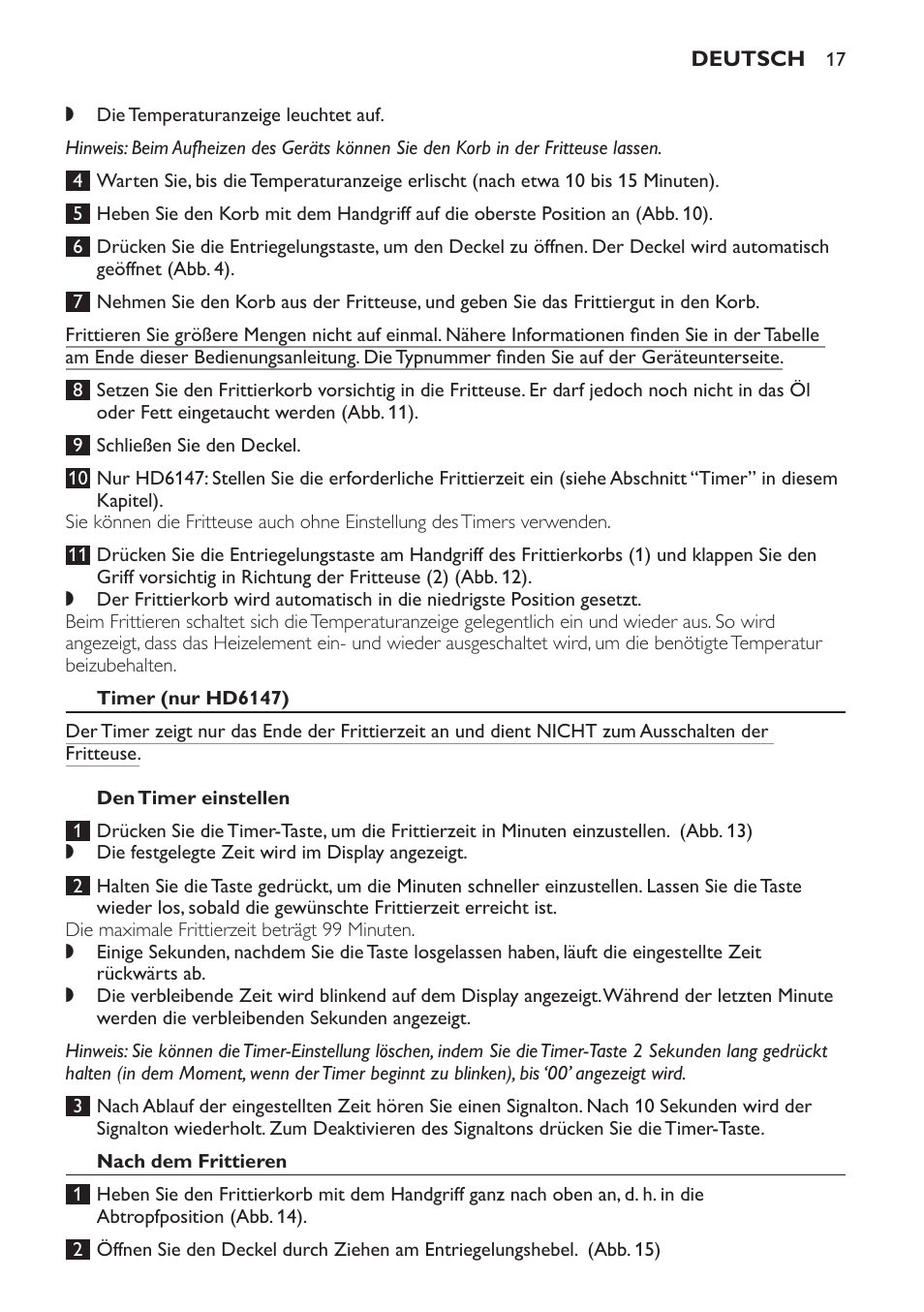 Timer (nur hd6147), Den timer einstellen, Nach dem frittieren | Philips Friteuse User Manual | Page 17 / 44