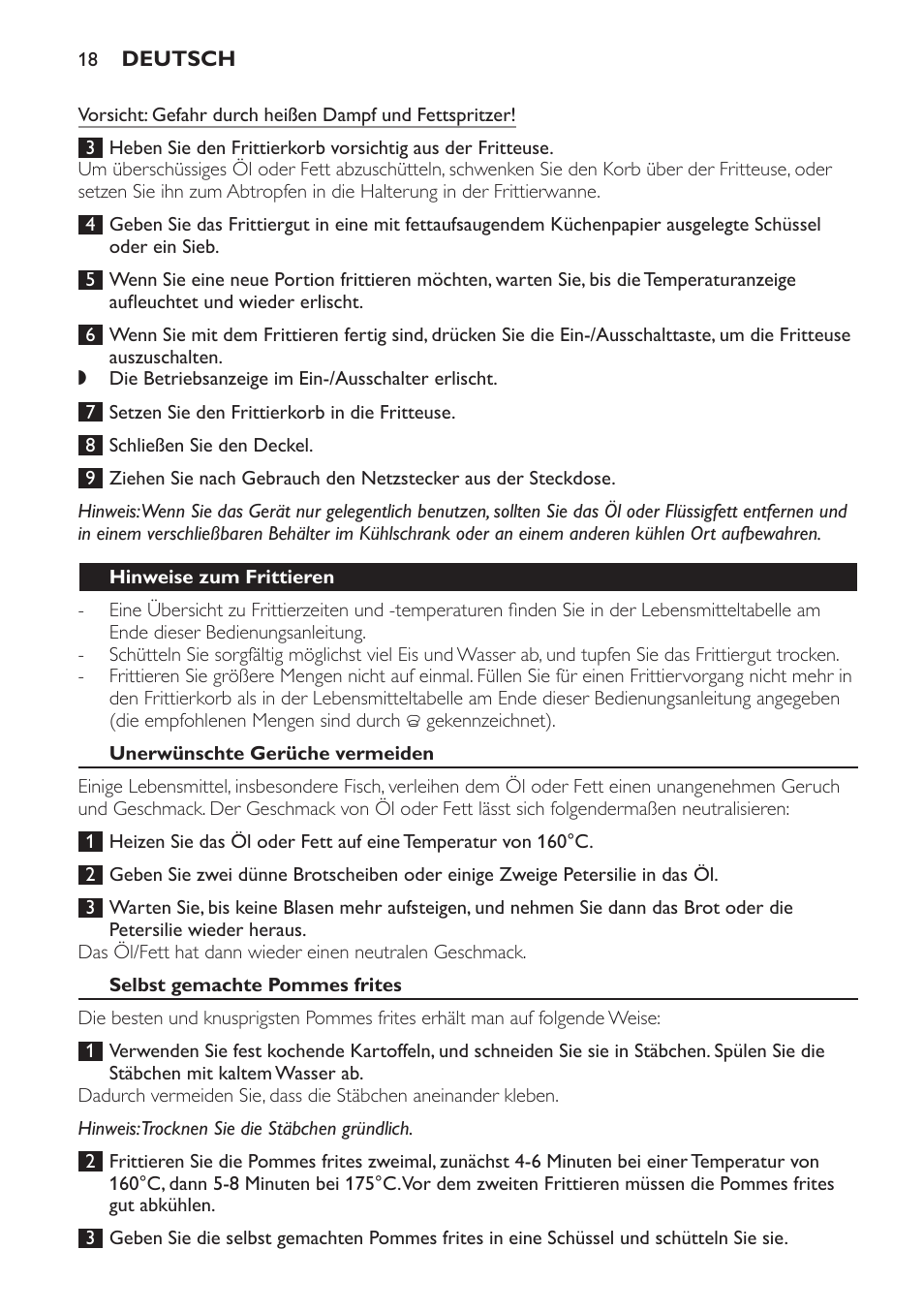 Hinweise zum frittieren, Unerwünschte gerüche vermeiden, Selbst gemachte pommes frites | Philips Friteuse User Manual | Page 18 / 44