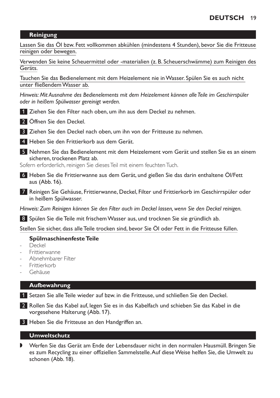 Spülmaschinenfeste teile, Reinigung, Aufbewahrung | Umweltschutz | Philips Friteuse User Manual | Page 19 / 44