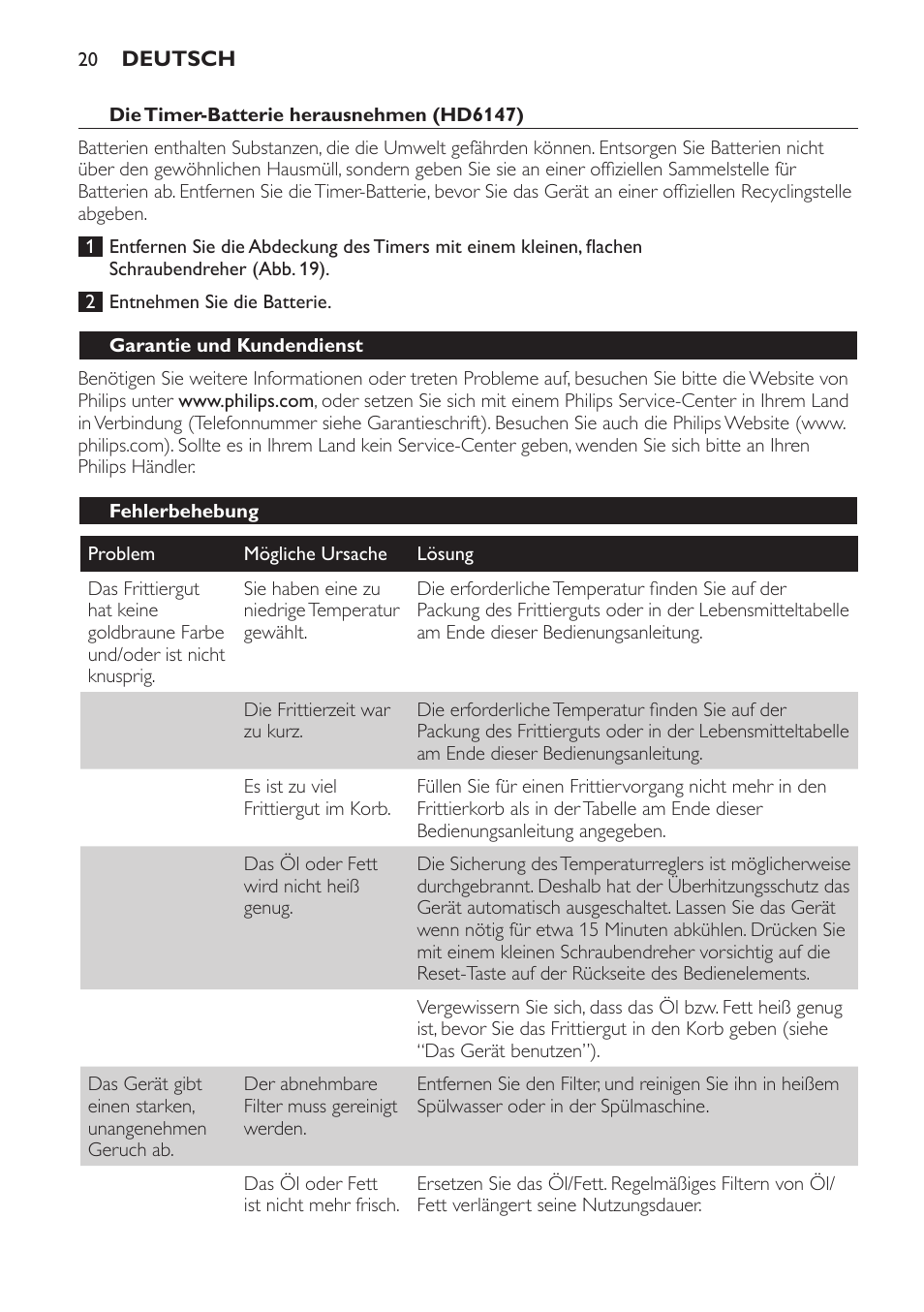 Die timer-batterie herausnehmen (hd6147), Garantie und kundendienst, Fehlerbehebung | Philips Friteuse User Manual | Page 20 / 44