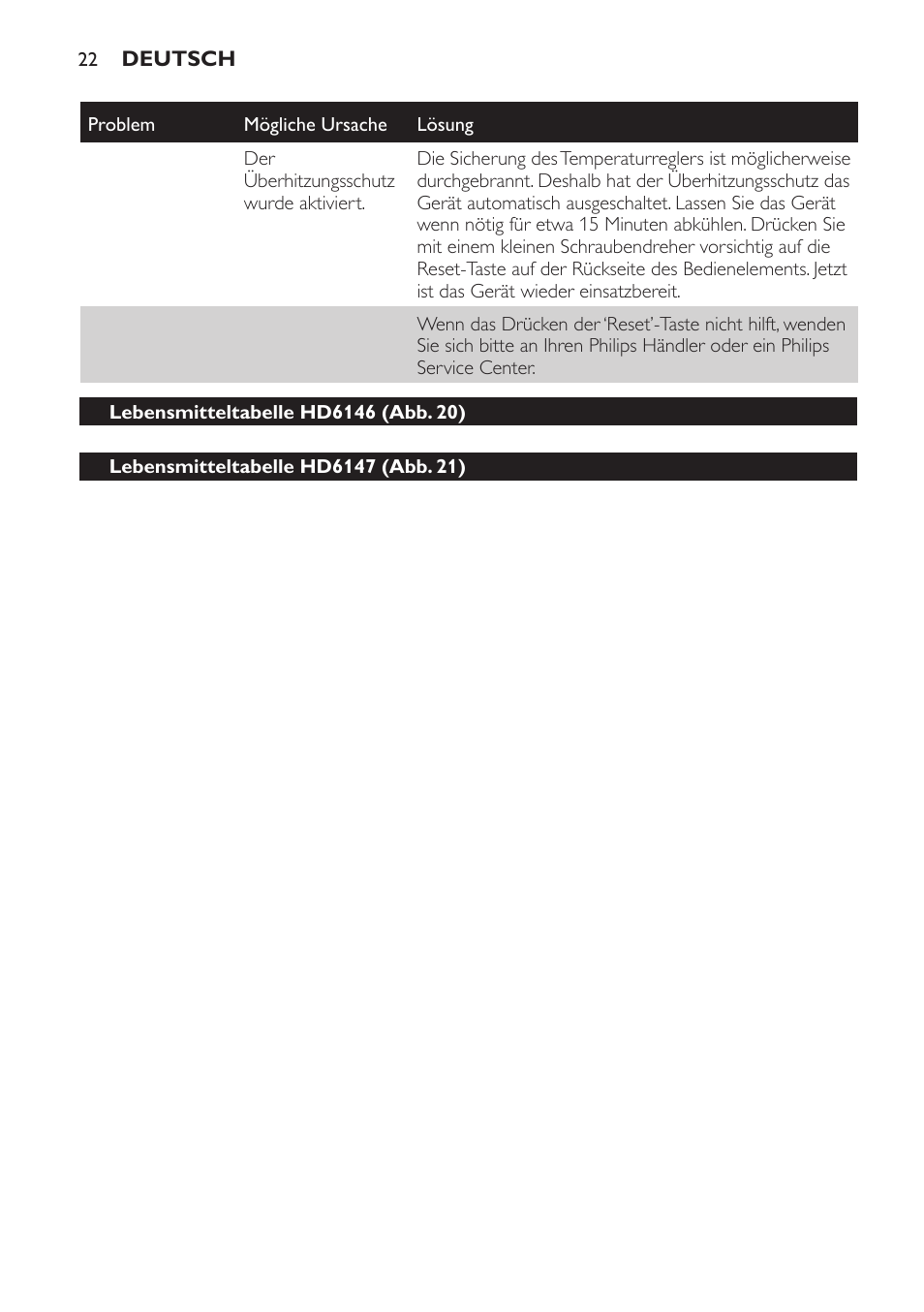 Lebensmitteltabelle hd6146 (abb. 20), Lebensmitteltabelle hd6147 (abb. 21) | Philips Friteuse User Manual | Page 22 / 44