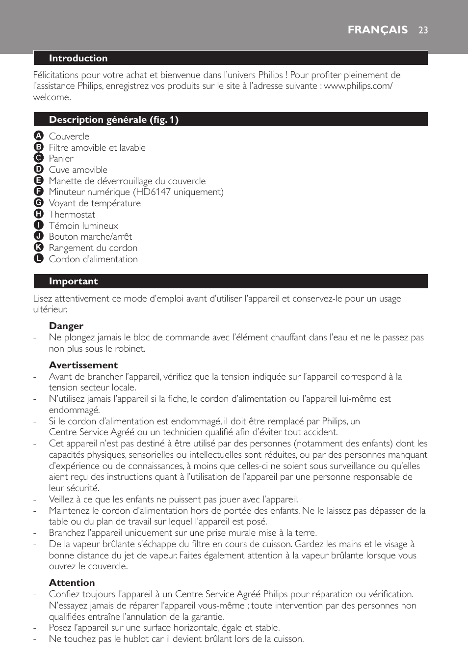 Danger, Avertissement, Attention | Français, Introduction, Description générale (fig. 1), Important | Philips Friteuse User Manual | Page 23 / 44