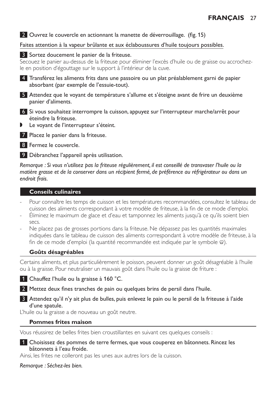 Conseils culinaires, Goûts désagréables, Pommes frites maison | Philips Friteuse User Manual | Page 27 / 44