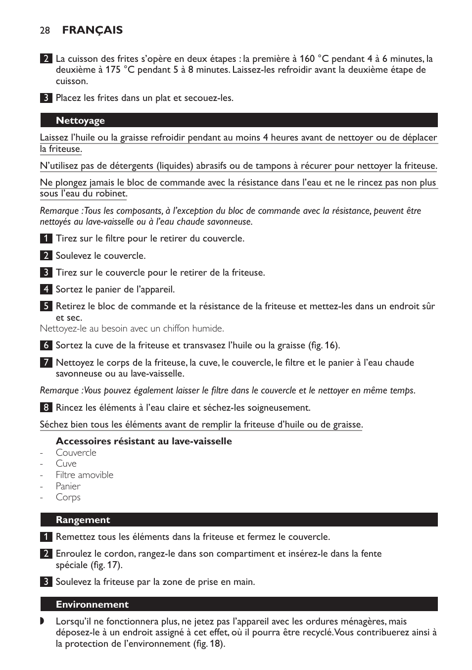 Accessoires résistant au lave-vaisselle, Nettoyage, Rangement | Environnement | Philips Friteuse User Manual | Page 28 / 44