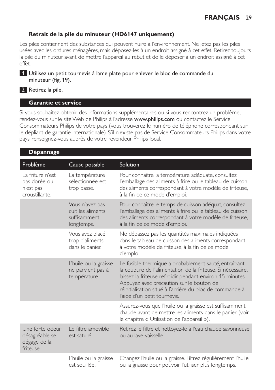 Retrait de la pile du minuteur (hd6147 uniquement), Garantie et service, Dépannage | Philips Friteuse User Manual | Page 29 / 44