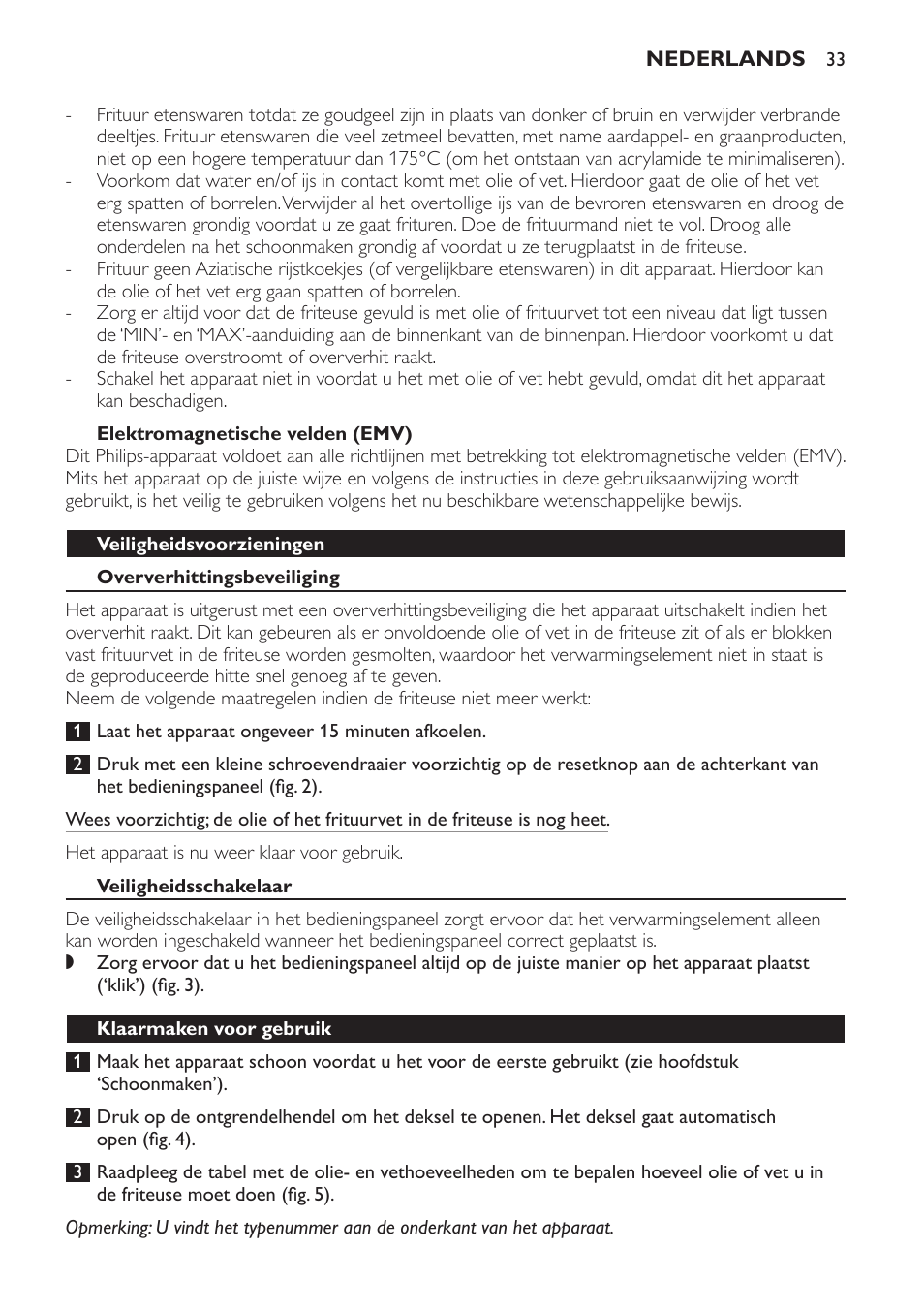 Elektromagnetische velden (emv), Veiligheidsvoorzieningen, Oververhittingsbeveiliging | Veiligheidsschakelaar, Klaarmaken voor gebruik | Philips Friteuse User Manual | Page 33 / 44
