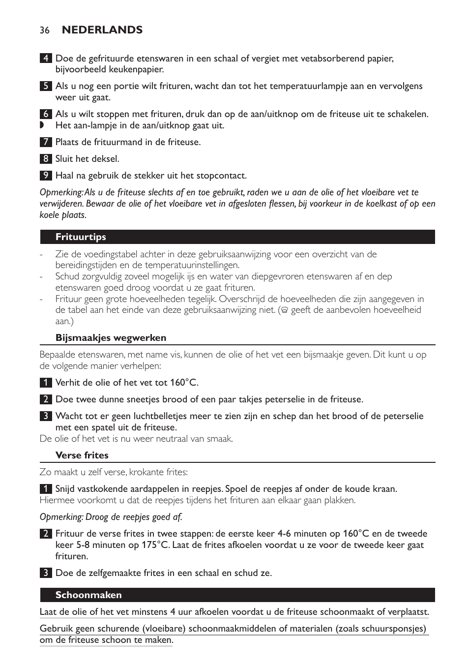 Frituurtips, Bijsmaakjes wegwerken, Verse frites | Schoonmaken | Philips Friteuse User Manual | Page 36 / 44