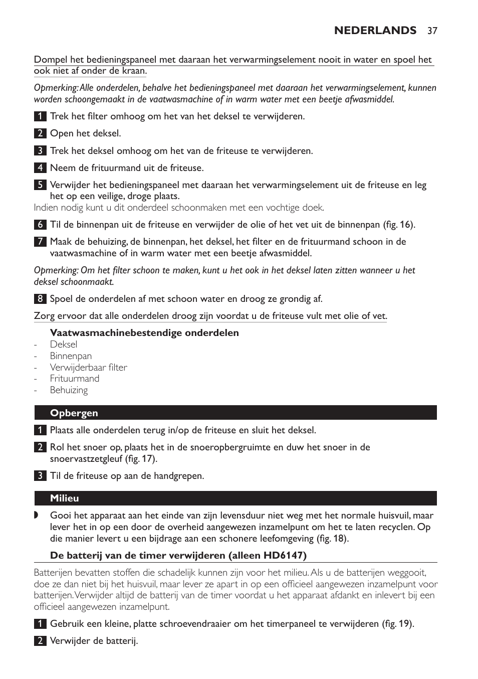 Vaatwasmachinebestendige onderdelen, Opbergen, Milieu | Philips Friteuse User Manual | Page 37 / 44