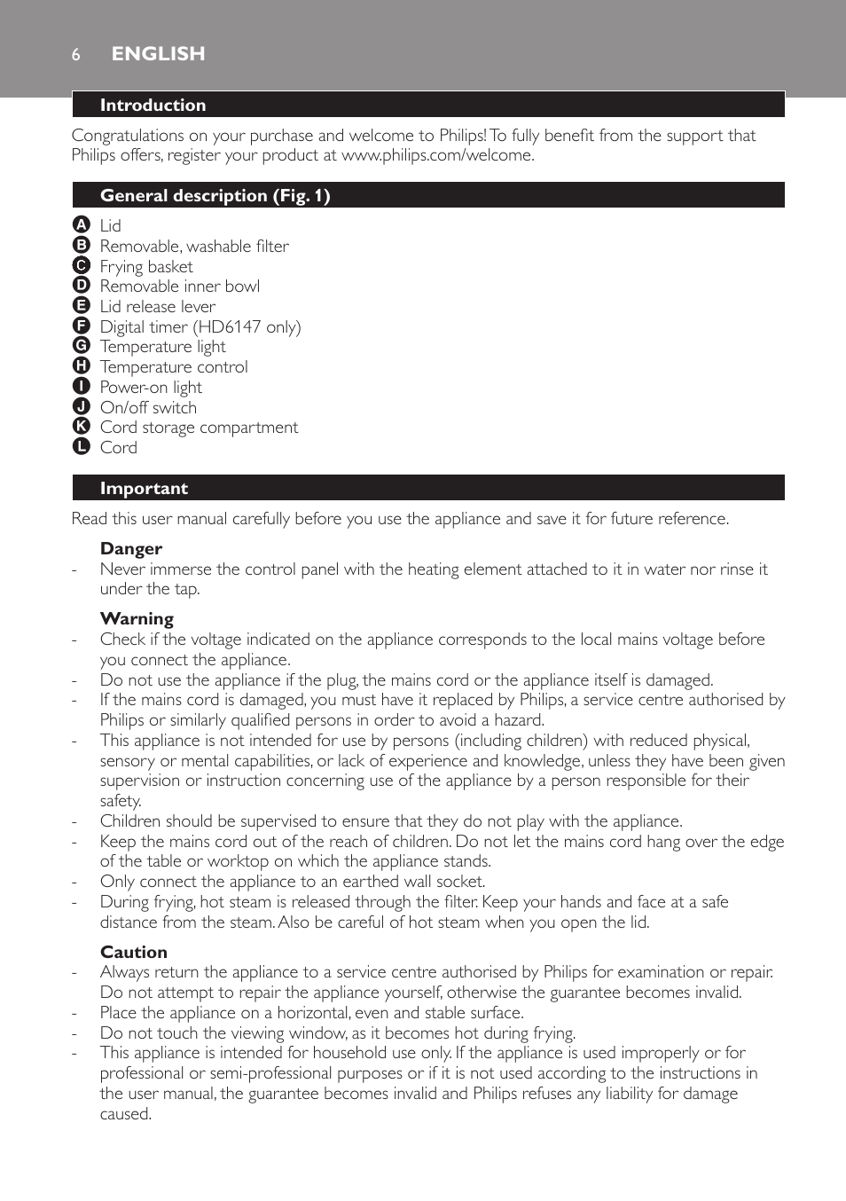 English, Introduction, General description (fig. 1) | Important, Danger, Warning, Caution | Philips Friteuse User Manual | Page 6 / 44