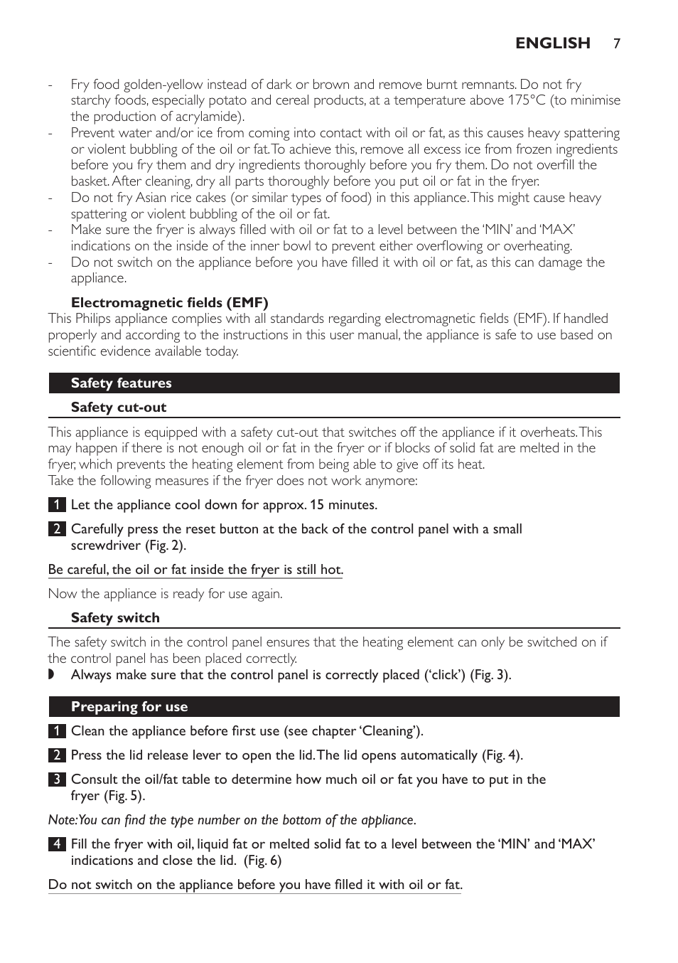 Electromagnetic fields (emf), Safety features, Safety cut-out | Safety switch, Preparing for use | Philips Friteuse User Manual | Page 7 / 44