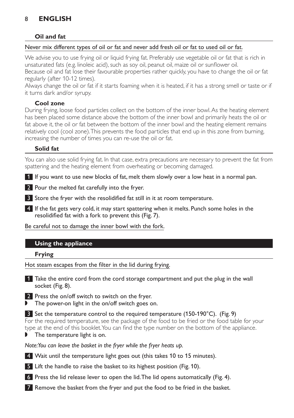 Oil and fat, Cool zone, Solid fat | Using the appliance, Frying | Philips Friteuse User Manual | Page 8 / 44