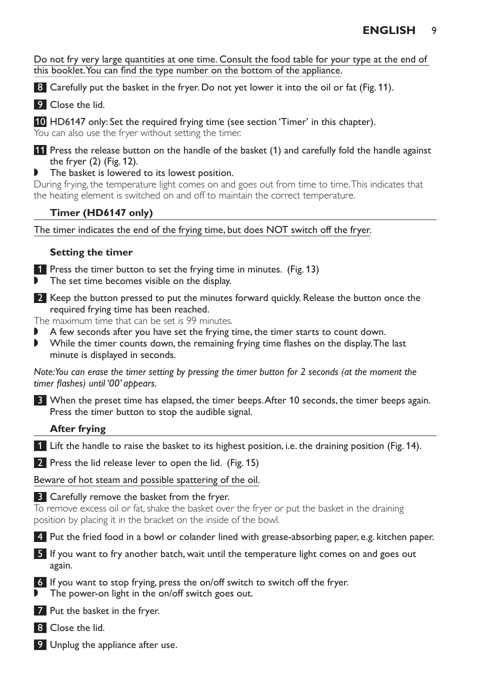 Timer (hd6147 only), Setting the timer, After frying | Philips Friteuse User Manual | Page 9 / 44