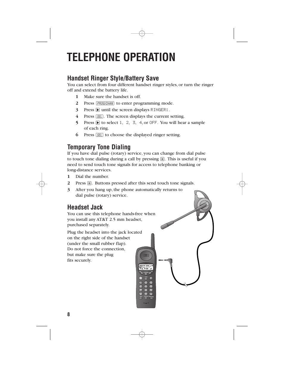 Telephone operation, Handset ringer style/battery save, Temporary tone dialing | Headset jack | AT&T 9357 User Manual | Page 11 / 32