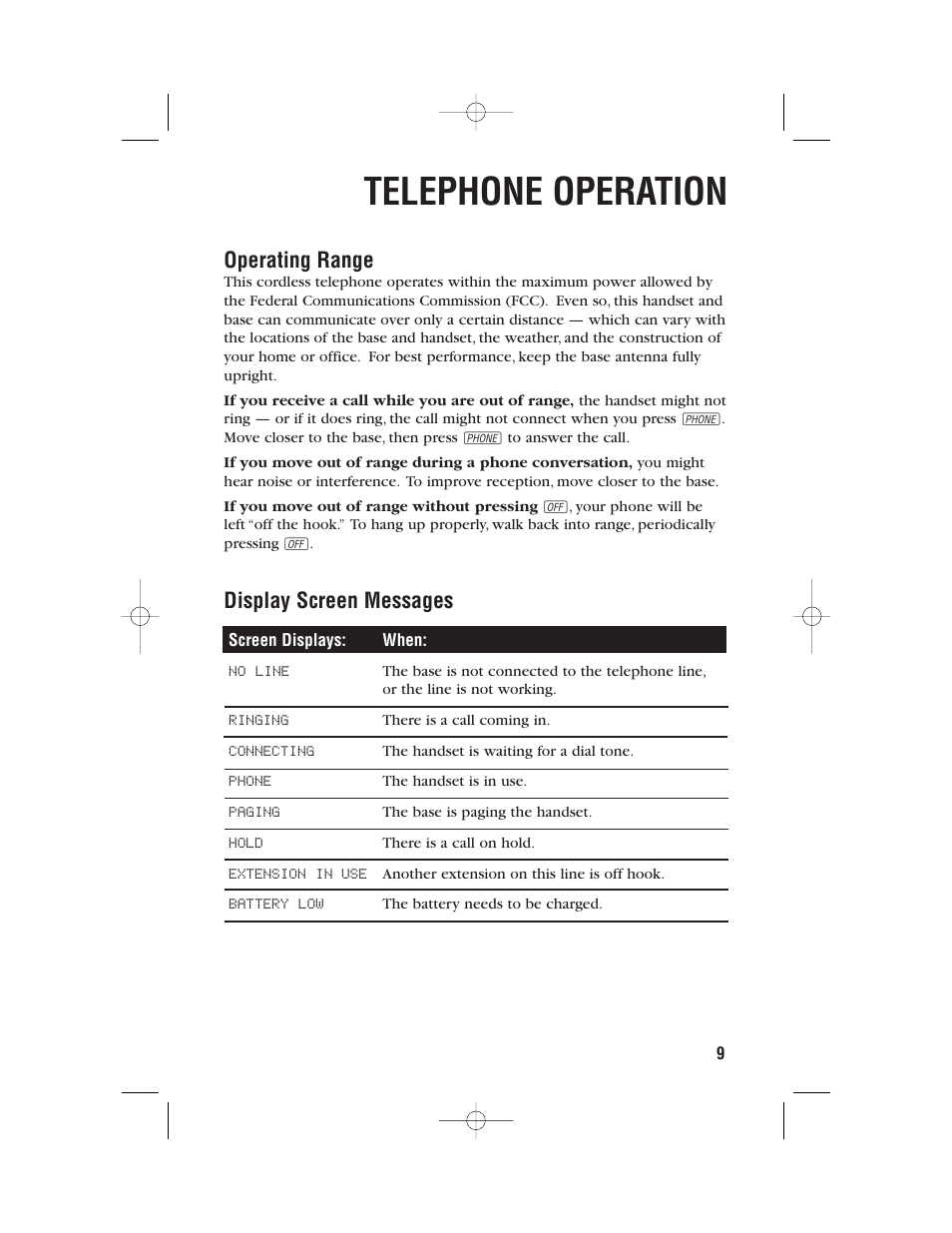 Telephone operation, Operating range, Display screen messages | AT&T 9357 User Manual | Page 12 / 32
