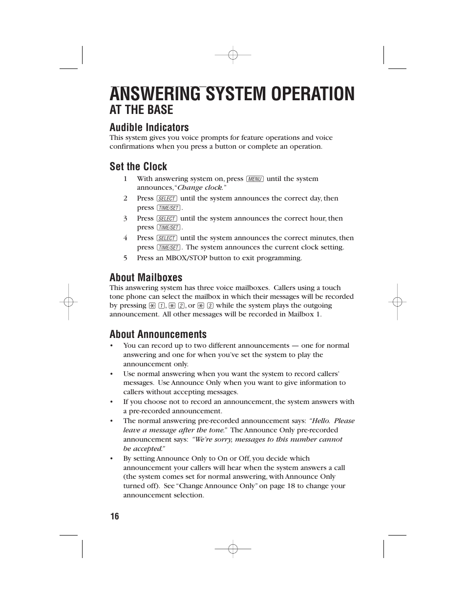 Headline left, Answering system operation, Headline l-sub | At the base, Audible indicators, Set the clock, About mailboxes, About announcements | AT&T 9357 User Manual | Page 19 / 32