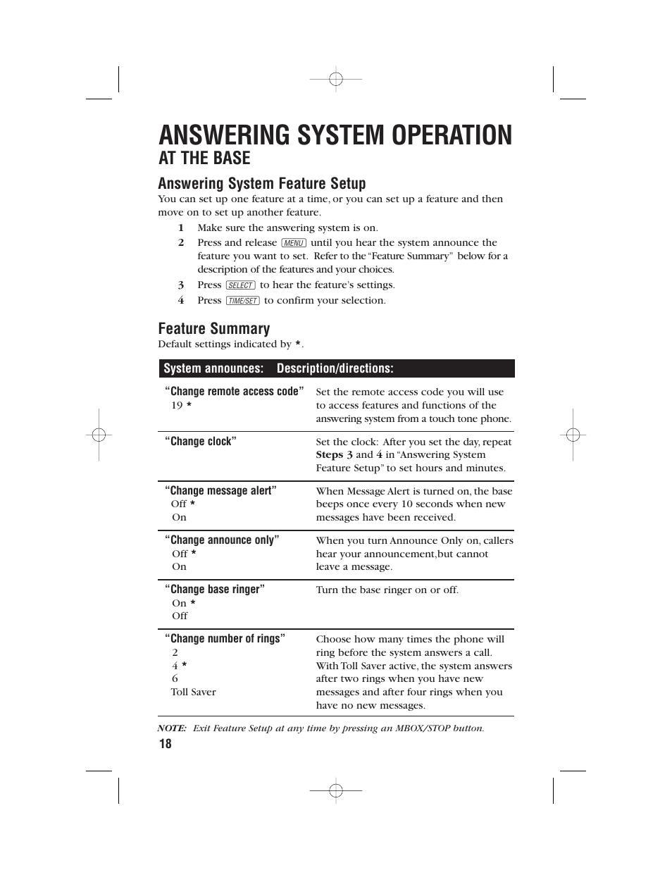 Answering system operation, At the base, Answering system feature setup | Feature summary | AT&T 9357 User Manual | Page 21 / 32