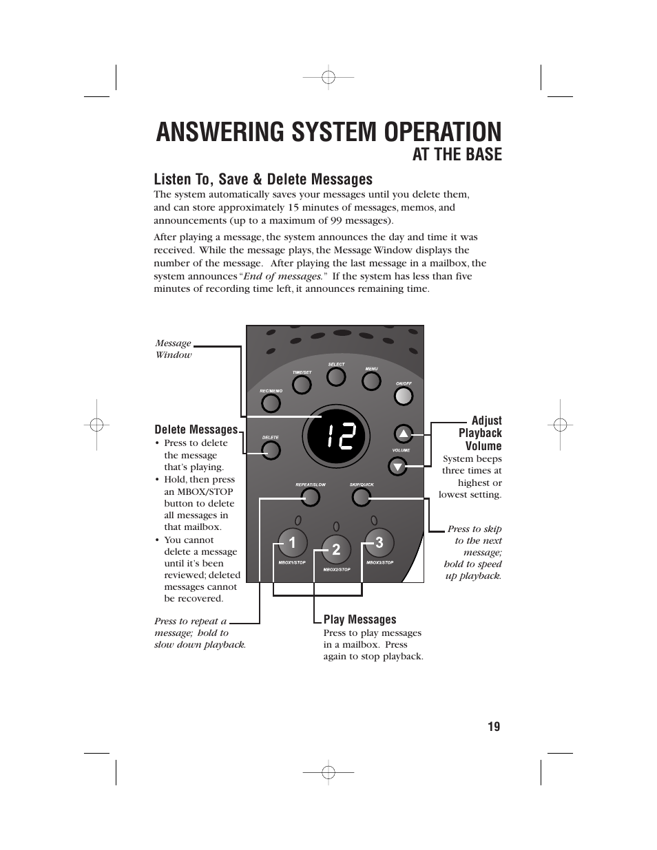 Answering system operation, At the base, Listen to, save & delete messages | AT&T 9357 User Manual | Page 22 / 32