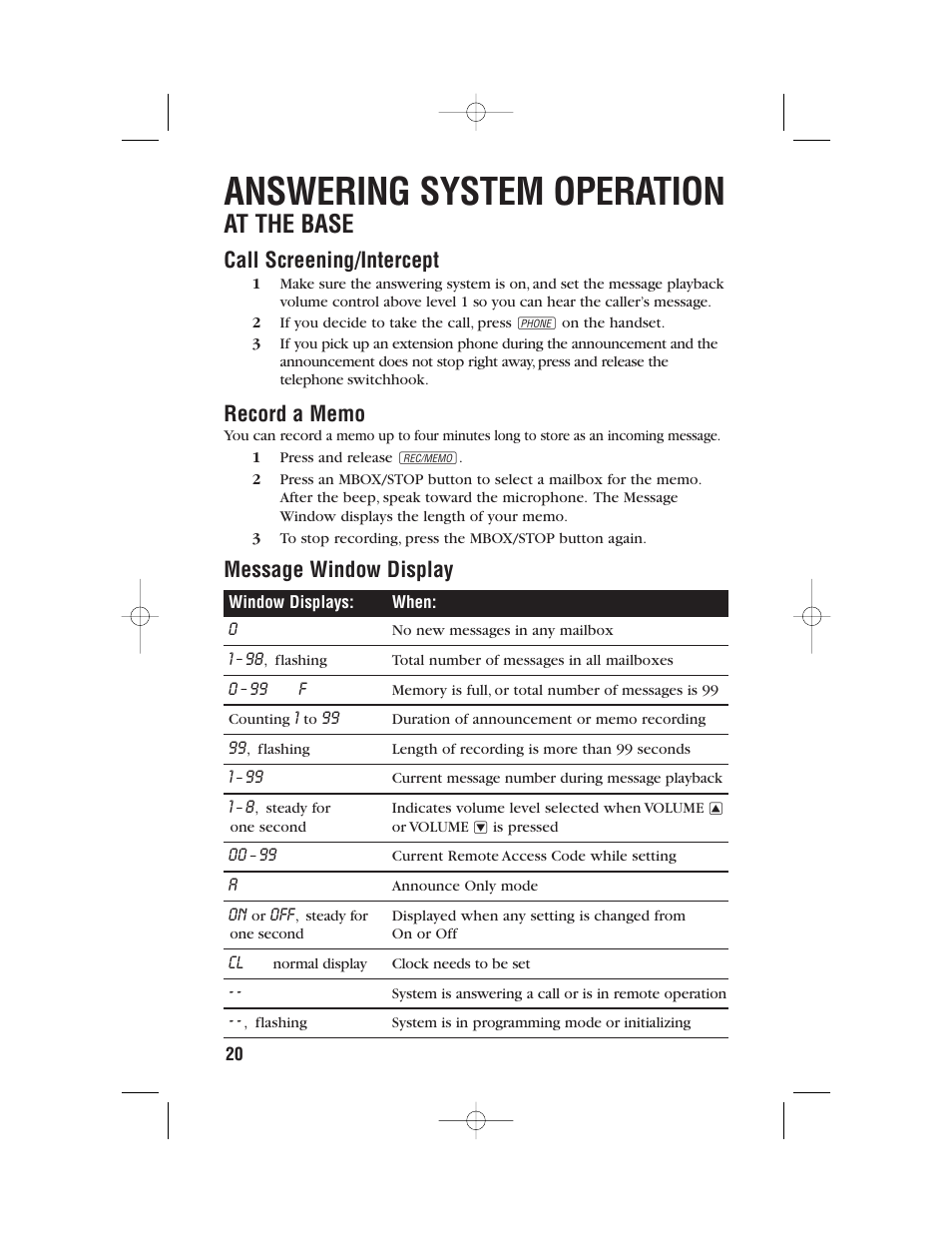 Answering system operation, At the base, Call screening/intercept | Message window display | AT&T 9357 User Manual | Page 23 / 32
