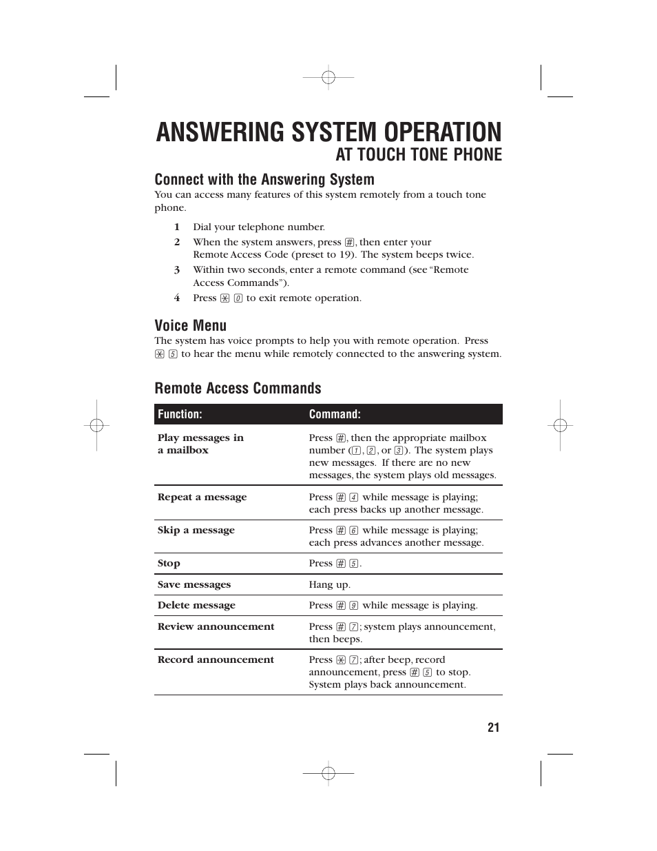 Answering system operation, At touch tone phone, Connect with the answering system | Voice menu, Remote access commands | AT&T 9357 User Manual | Page 24 / 32