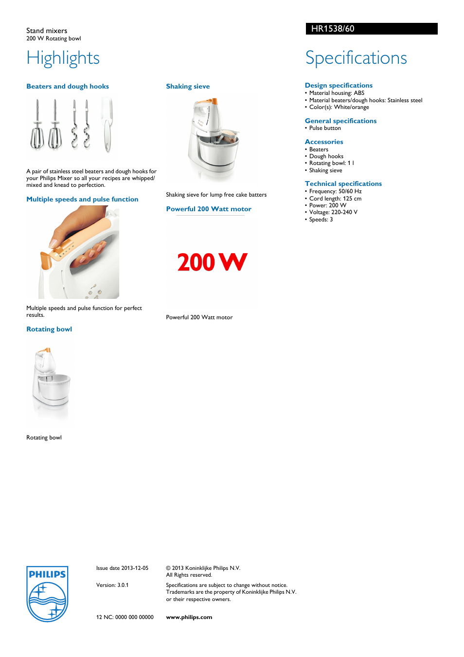 Highlights, Specifications | Philips Batteur sur socle User Manual | Page 2 / 2