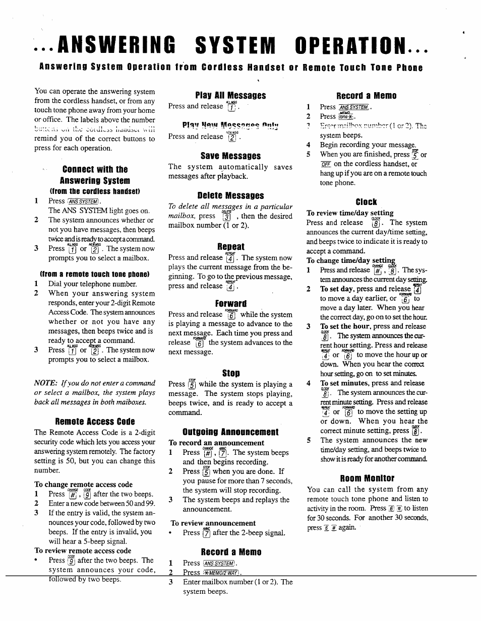 From a remote touch tone phone), Connect with the answering system, Remote access code | Play all messages, Save messages, Delete messages, Repeat, Forward, Stop, Outgoing announcement | AT&T AT&T 7650 User Manual | Page 10 / 16
