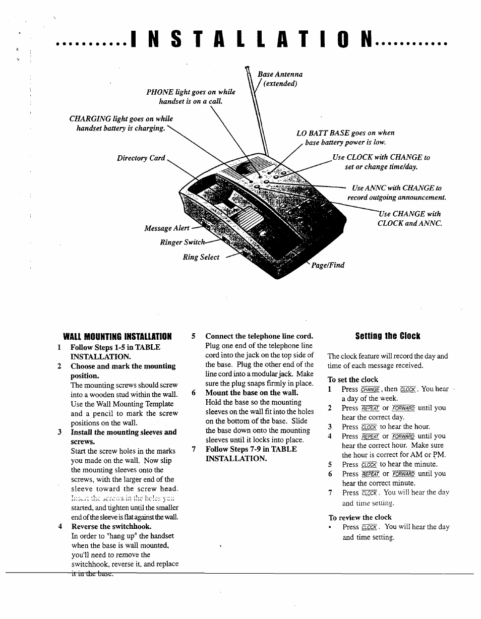 Wall m0untin8 installation, Setting the clock | AT&T AT&T 7650 User Manual | Page 3 / 16