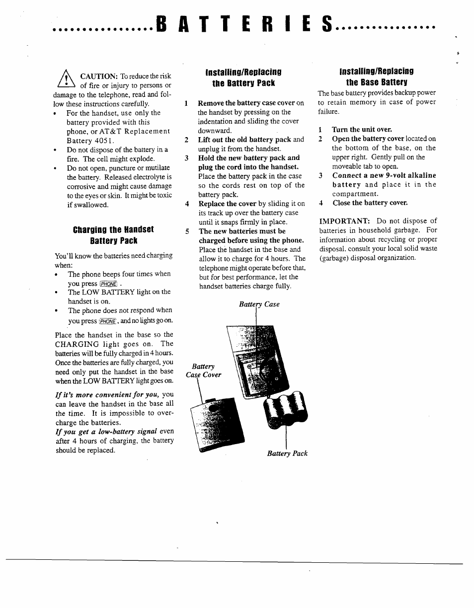 Batteries, Charging the handset battery pack, Installing/replacing the battery pack | Installing/repiacing the base battery | AT&T AT&T 7650 User Manual | Page 4 / 16