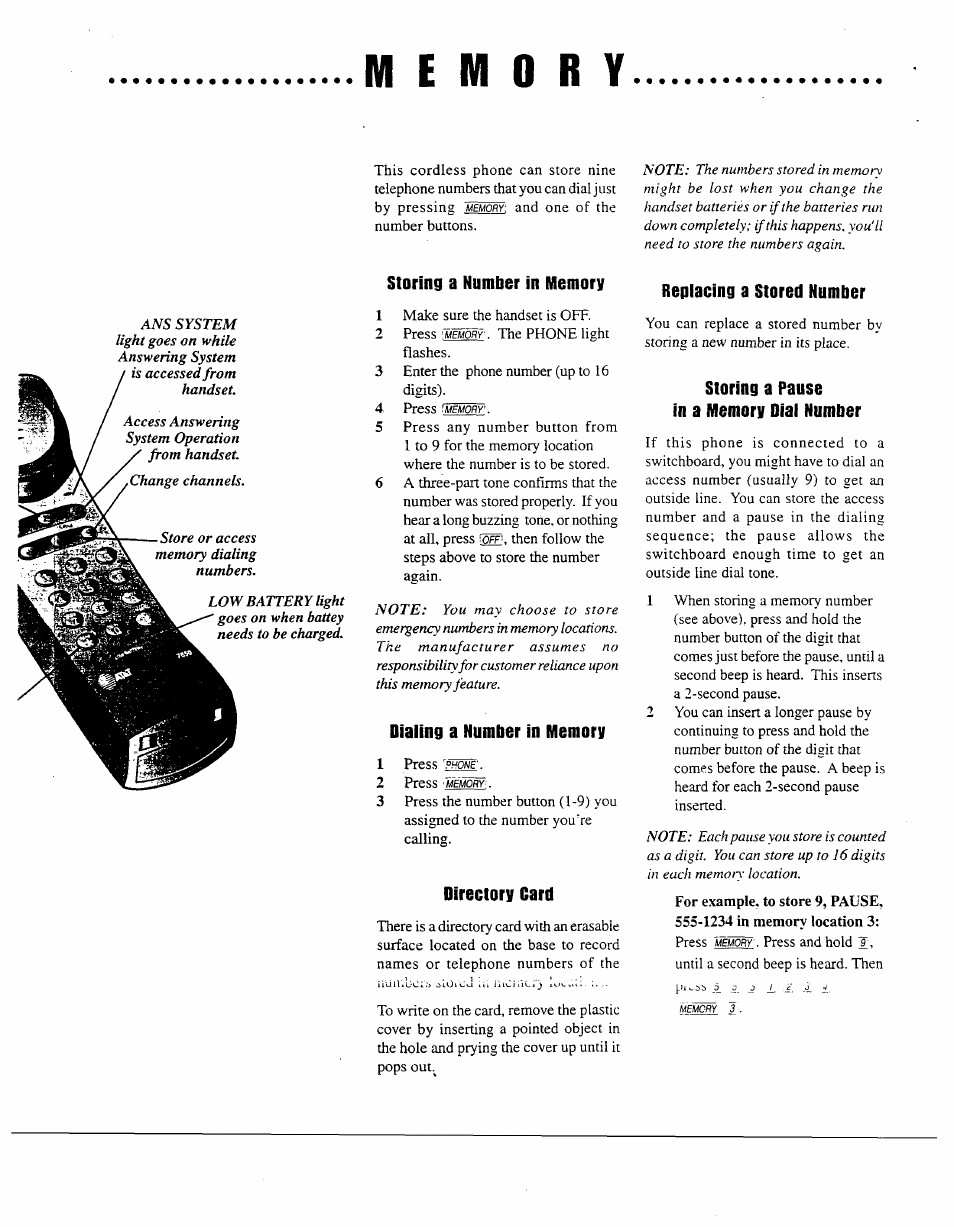 Memory, Storing a number in memory, Dialing a number in memory | Directory card, Replacing a stored number, Storing a pause in a memory dial number | AT&T AT&T 7650 User Manual | Page 6 / 16