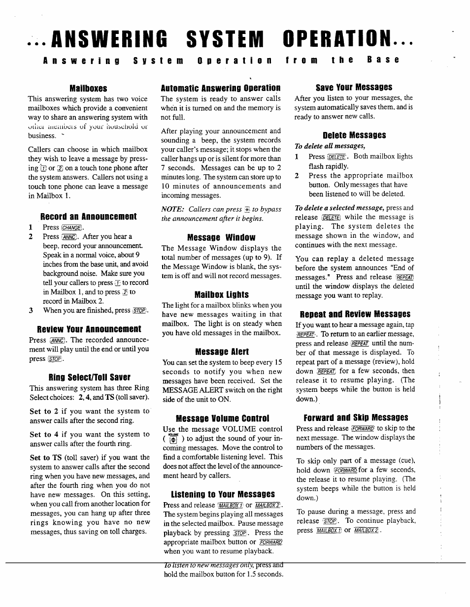Mailboxes, Record an announcement, Review your announcement | Ring seiect/toll saver, Automatic answering operation, Message window, Mailbox lights, Message alert, Message volume control, Listening to your messages | AT&T AT&T 7650 User Manual | Page 8 / 16