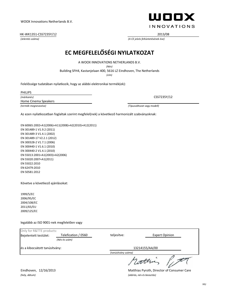 Ec megfelelőségi nyilatkozat | Philips Fidelio Home Cinéma avec enceintes arrière sans fil E5 User Manual | Page 13 / 21