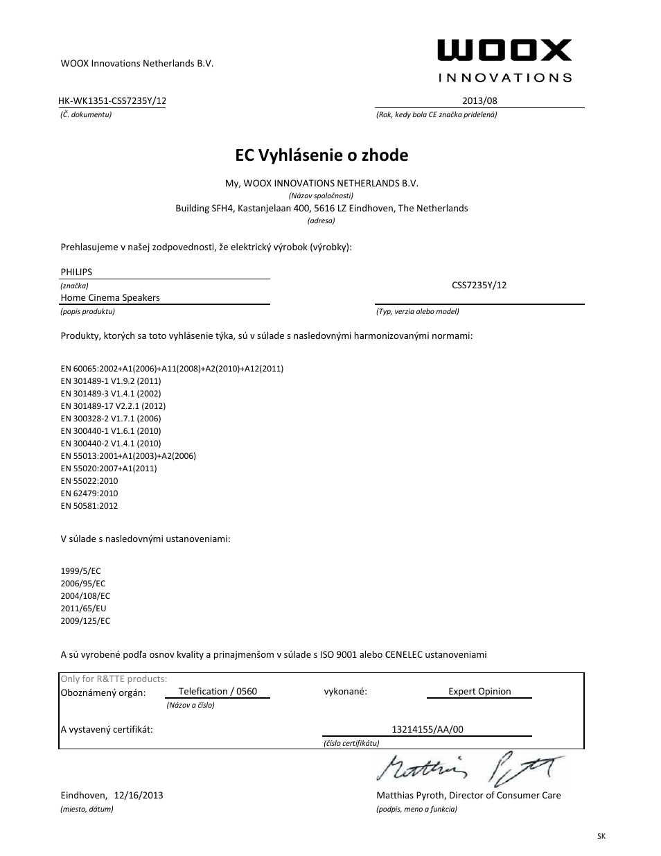 Ec vyhlásenie o zhode | Philips Fidelio Home Cinéma avec enceintes arrière sans fil E5 User Manual | Page 18 / 21
