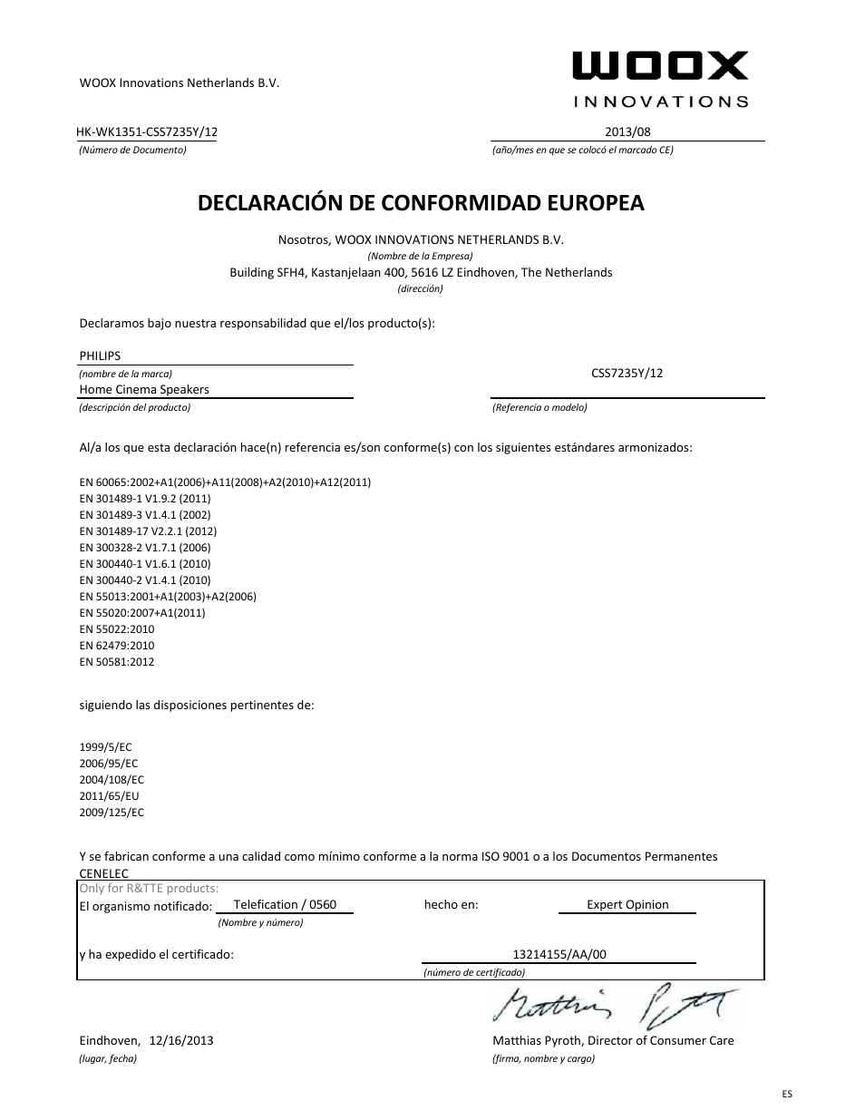 Declaración de conformidad europea | Philips Fidelio Home Cinéma avec enceintes arrière sans fil E5 User Manual | Page 7 / 21