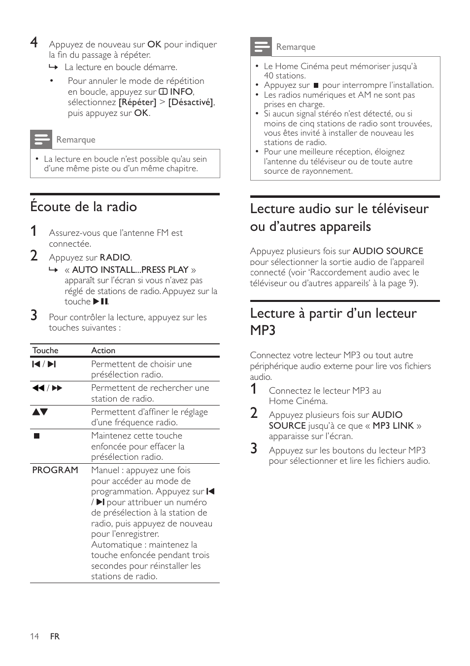 5 utilisation de votre home cinéma, Avant de commencer, Sélection du son | Réglage des aigus ou des graves, Choix du mode son, Choix du mode surround, Lecture à partir d’un lecteur mp3, Écoute de la radio | Philips Home Cinéma User Manual | Page 16 / 28