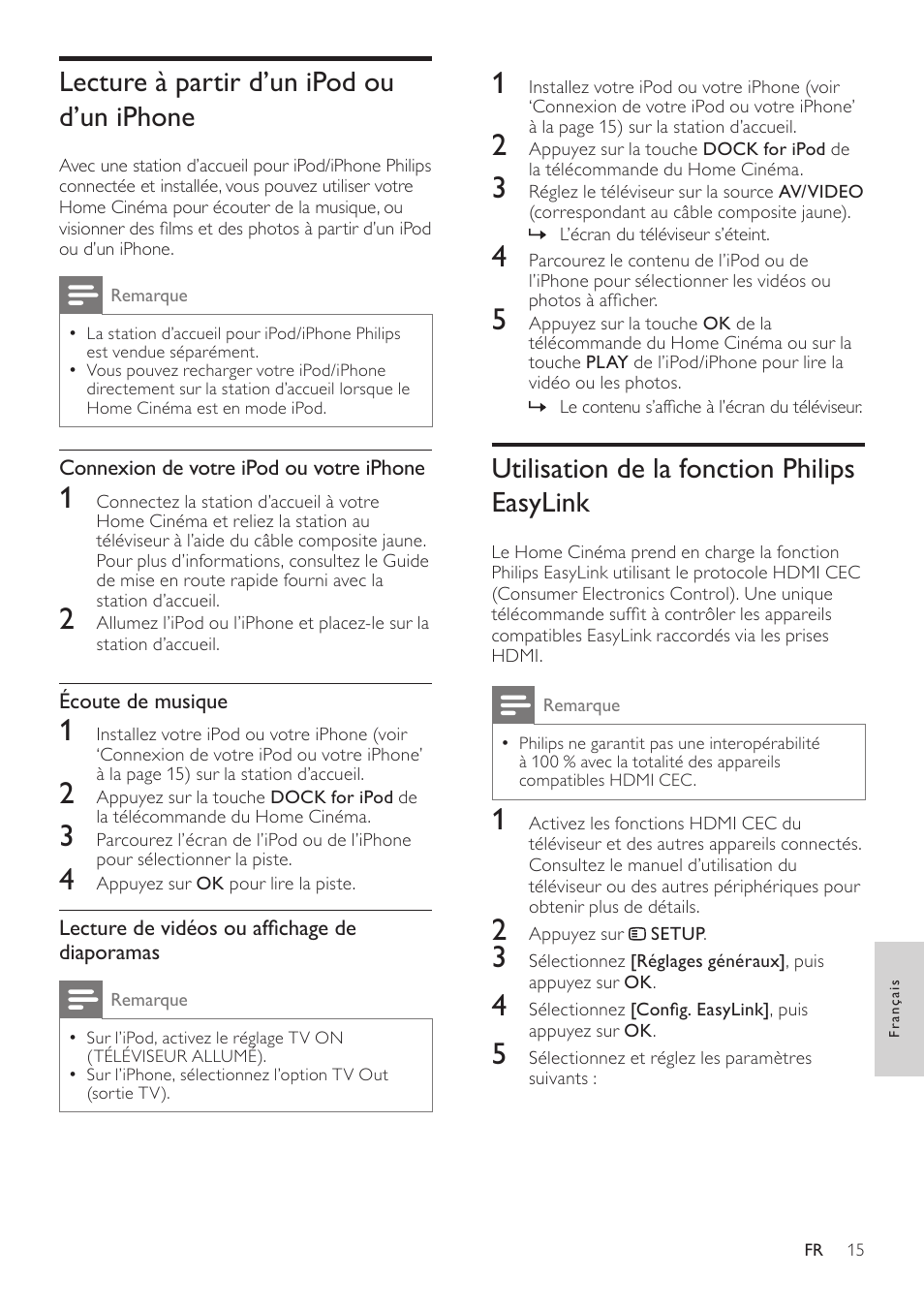 Lecture d’un disque, Utilisation des options vidéo, Utilisation des options d’affichage des images | Utilisation de la fonction philips easylink, Lecture à partir d’un ipod ou d’un iphone | Philips Home Cinéma User Manual | Page 17 / 28