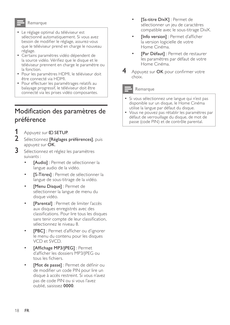 Lecture à partir d’un lecteur mp3, Lecture à partir d’un ipod ou d’un iphone, Modification des paramètres de préférence | Philips Home Cinéma User Manual | Page 20 / 28