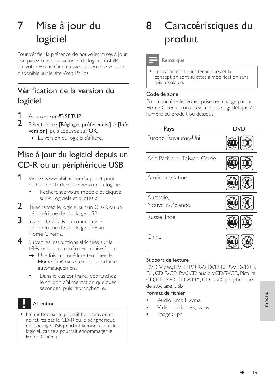 Utilisation de la fonction philips easylink, 8 caractéristiques du produit, 7 mise à jour du logiciel | Philips Home Cinéma User Manual | Page 21 / 28