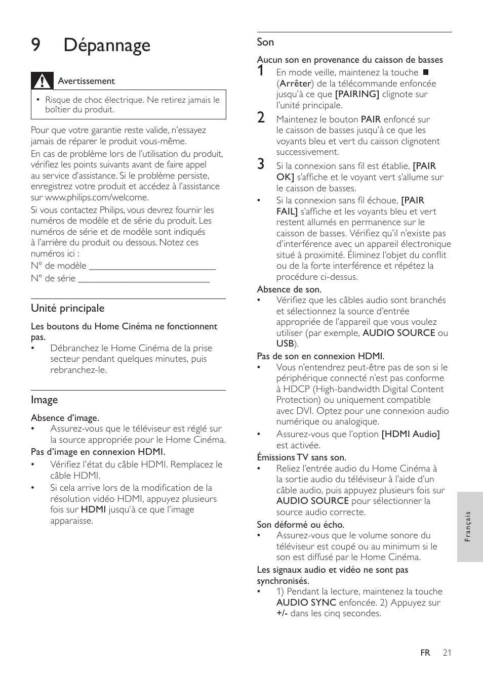 Modification des paramètres audio, Modifier les paramètres vidéo, Modification des paramètres de préférence | 9 dépannage | Philips Home Cinéma User Manual | Page 23 / 28